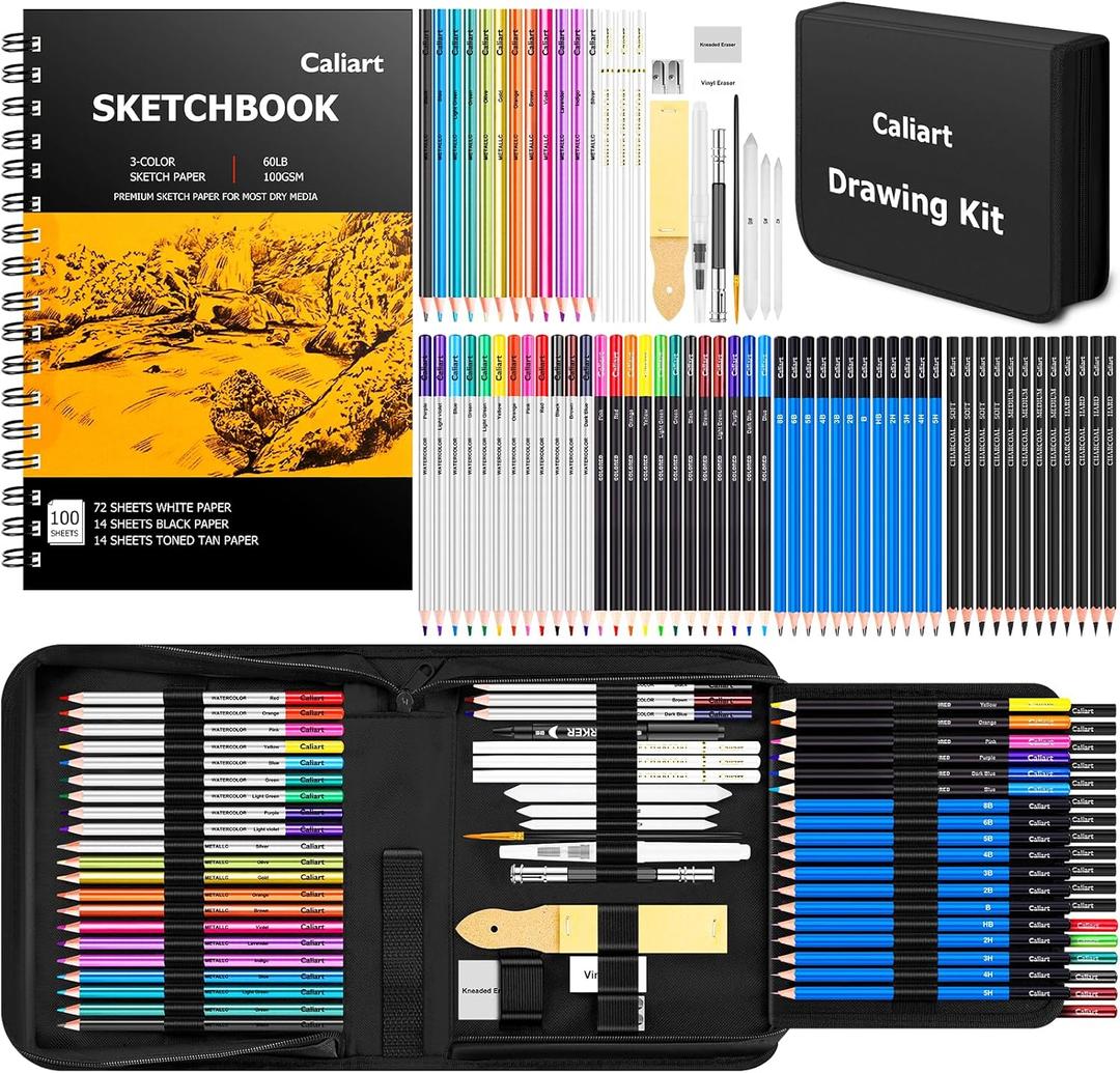 Caliart 176PCS Art Supplies Sketching Kit with 100 Sheets 3-Color Sketch Book, Graphite Colored Charcoal Watercolor & Metallic Pencils, Drawing Set Christmas Gifts for Adults Teens Girls Boys Kids (Black)