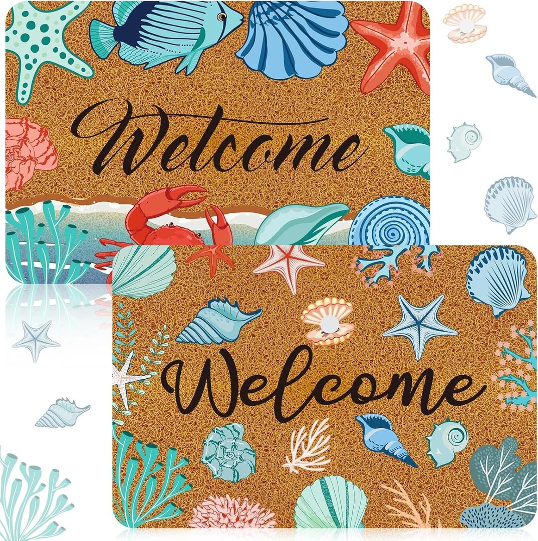Moucuny 2 Pcs Coastal Beach Coir Door Mat Holiday Coastal Doormat 15.75 x 23.62 Inches Non Slip Entrance Coir Rugs for Farmhouse Home Kitchen Front Outdoor Indoor Summer Welcome Beach Rugs (Starfish, Cute Color)