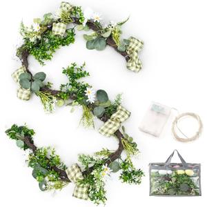 6ft Spring Garland Decorations, 2-in-1 SpringGarland-to-Wreath for Mantel, Fireplace with 18 Pastel Eggs, LED Lights and Storage Bag, Spring Decor for Front Door, Window, Table, Entryway