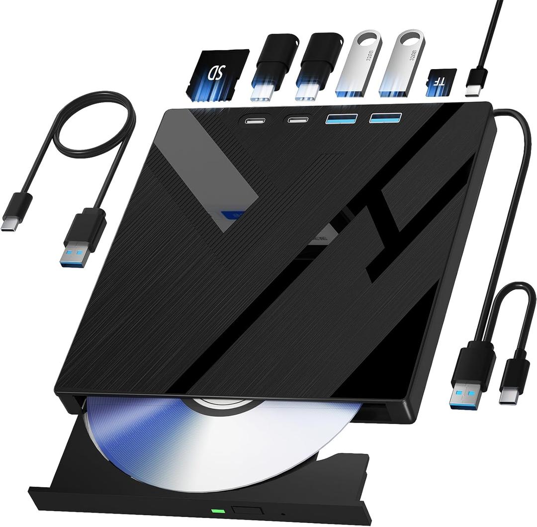 7 in 1 External CD/DVD Drive for Laptop, Portable DVD Player for Laptop with SD/TF Port, External DVD Drive with USB 3.0/Type C, CD Drive USB for PC Windows Linux