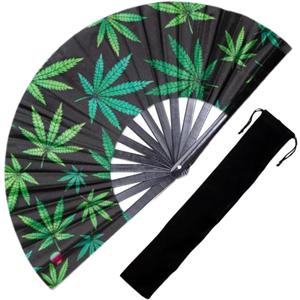 Decorative Rave Hand Fan  Large Folding Fans for Festivals, Drag Queen & Burlesque  Cute Holographic Rave Accessories for Women and Men (The Leaf)