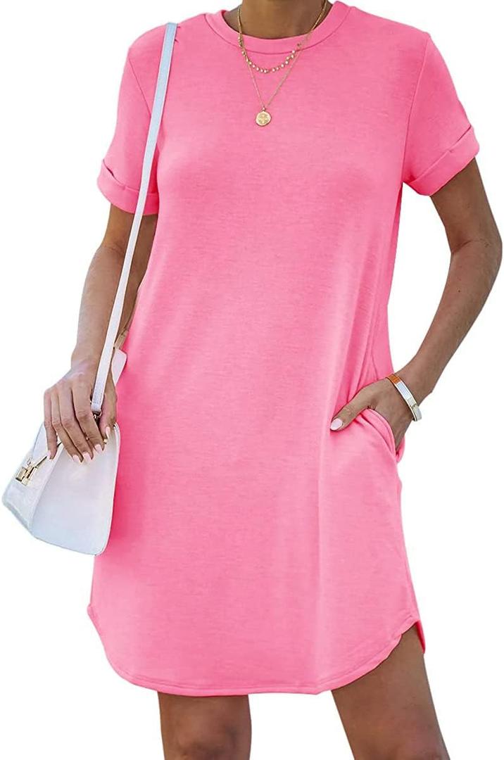 YEXIPO Women's Casual Summer Short Sleeve T Shirt Dress Nightgown Crew Neck Loose Solid Color Basic Dresses with Pockets (Pink, XL)