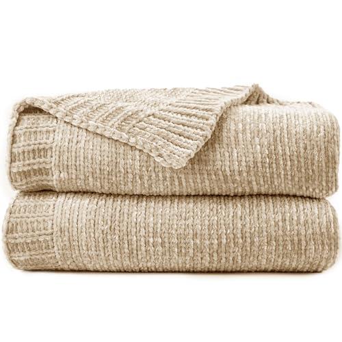 blunique Chenille Throw Blanket for Couch, Cozy Soft Blanket Lightweight Decorative Throw for Living Room Sofa Chair, Stylish Home Decor, Ideal for Gifting, Beige 50"x60"