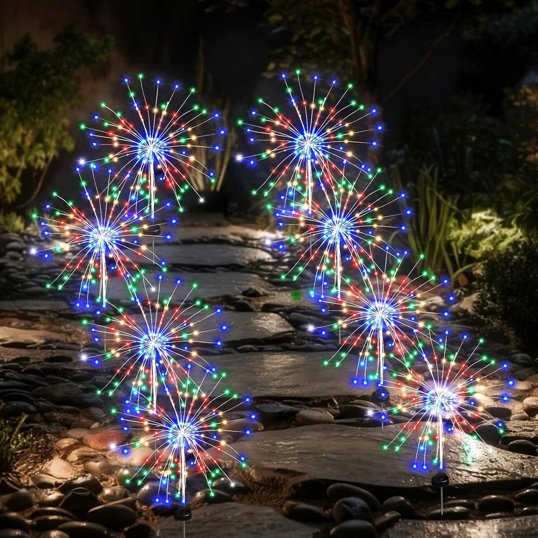 Solar Garden Firework Lights Outdoor Waterproof, 8 Pack Solar Lighting with 8 Lighting Modes , 120 LED Sparklers String Lights for Outside Decor Yard Pathway Halloween Decorations(Colorful)