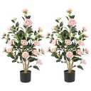 Artificial Camellia Tree 2 Pack, 36’’ Faux Camellia Plant in Pot with Pink Flowers, Greenery Potted Plant for Indoor Outdoor Office Home Porch Decor, Pink