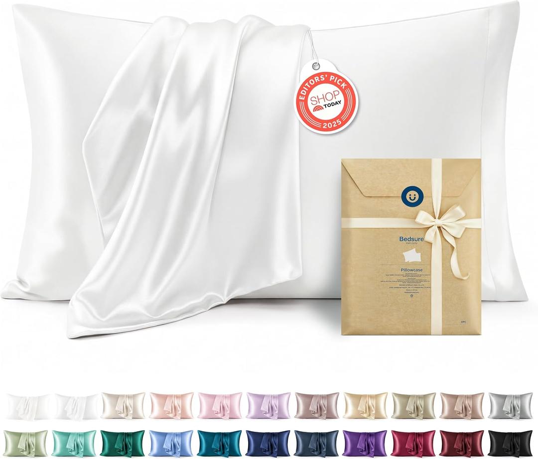 Bedsure Satin Pillowcases, Similar to Silk Pillow Cases Queen Size Set of 2, Pure White Cooling Pillow Case for Sleeping Women with Envelope Closure, Gifts for Women Men, 20x30 Inches, 2pcs