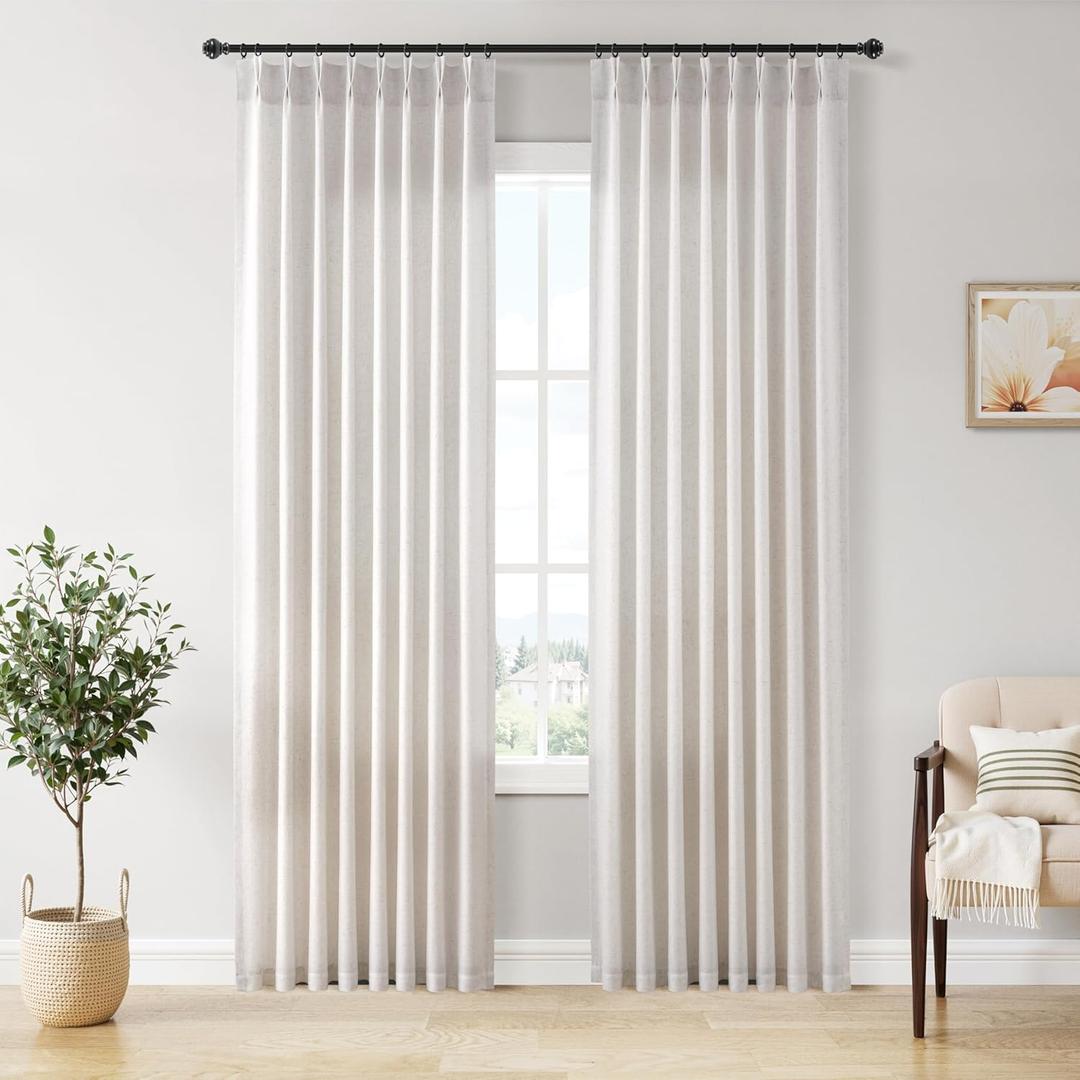 Joywell Pinch Pleat Linen Curtains 84 inch Length 2 Panels Back Tab Semi Sheer Light Filtering Elegant Natural Linen Pleated Drapes with Hooks for Bedroom Living Dining Room Decor 50x84 Beige White
