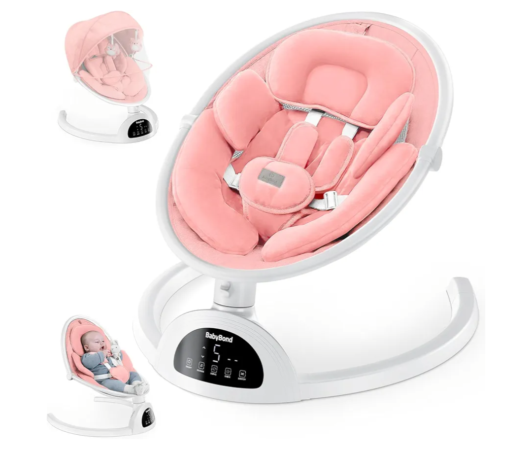 BabyBond Baby Swings for Infants, Bluetooth Infant Swing with Music Speaker, 3 Seat Positions, 5 Point Harness Belt, 5 Speeds and Remote Control - Portable Baby Swing for Indoor and Outdoor (Pink)
