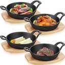 Sliner 4 Sets Mini Cast Iron Skillet Small Cast Iron Plates Skillet with Wooden Base Small Round Pan Fajita Plate Pot for Baking Cooking(7.9 Inches)