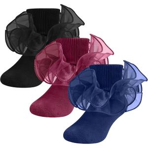 SAOROPEB Toddler Ruffle Socks, 3 Styles5 Size, Frilly Dress Socks for Girls Princess Lace Ruffles Socks Set (6-8 Years, Black-burgundy-navy)