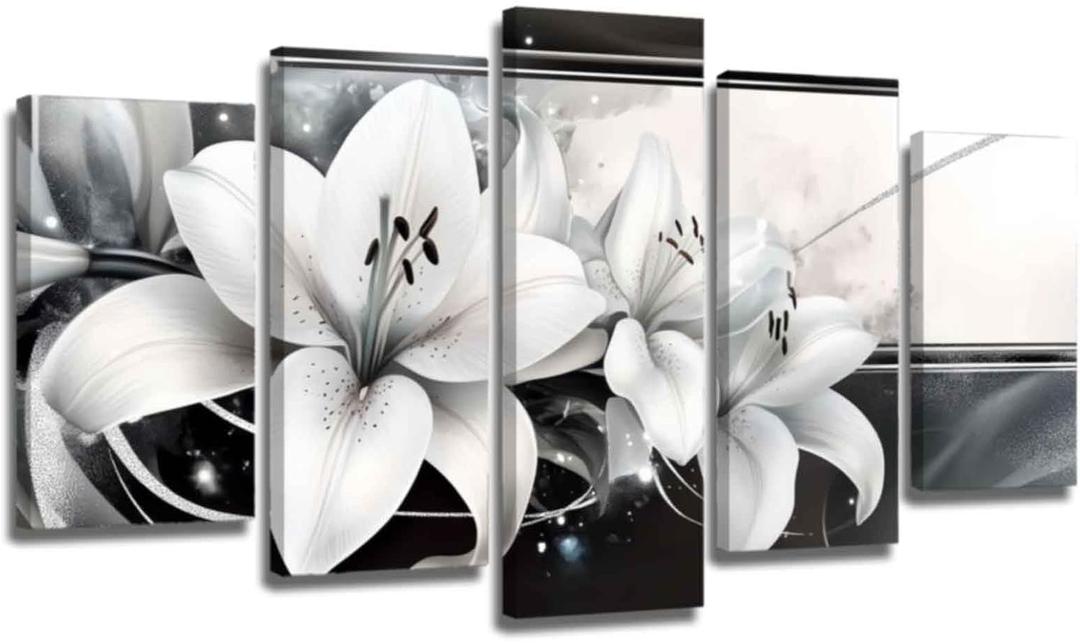 XLMDYYSW Large Lily Canvas Wall Art 5 Pieces Abstract Black and White Flowers Picture Lily Floral Prints Paintings for Modern Living Room Office Decor Framed (White, 8x14inx2 8x18inx2 8x22inx1)