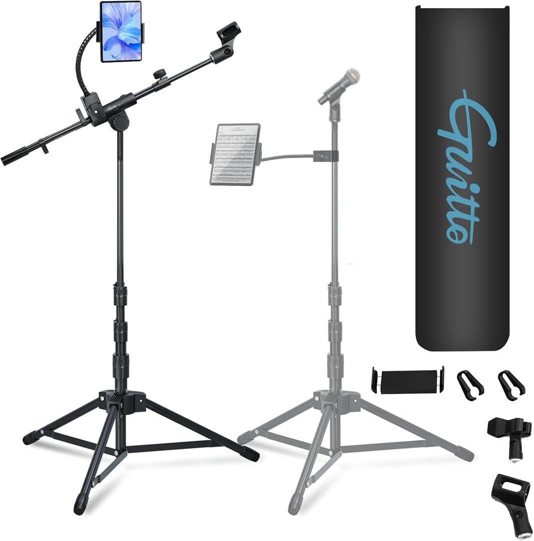 GUITTO Microphone Floor Stand with Phone/Tablet Holder, Adjustable Boom Mic Stand with Heavy-Duty Base, Dual Device Mount for Streaming, Podcasting, Recording, and Live Performances GMS-04