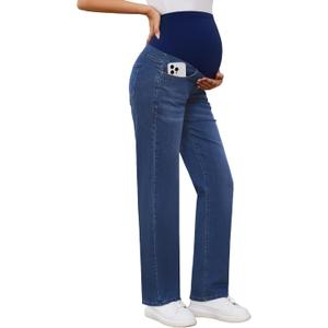 POSHGLAM Women's Maternity Jeans Straight Leg 30'' Over Belly Comfy Stretch Denim Pants(Dark Blue, X-Large)