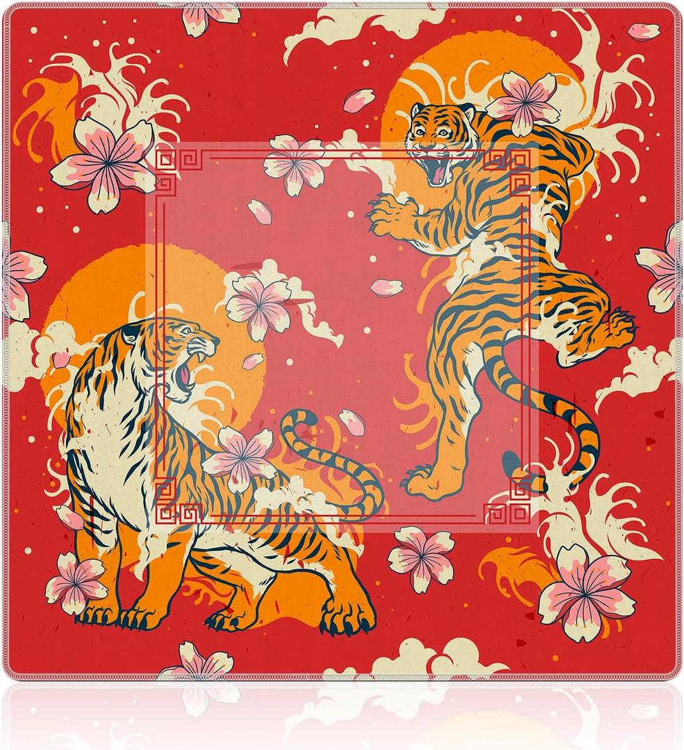 WHCHJ Red Japanese Tiger Mahjong Mat 31.5 x 31.5 in, Oriental Traditional Japan Anti-Slip Noise-Reducing Mahjong Mat for Table Board, Games Tile Games, Poker and Cards