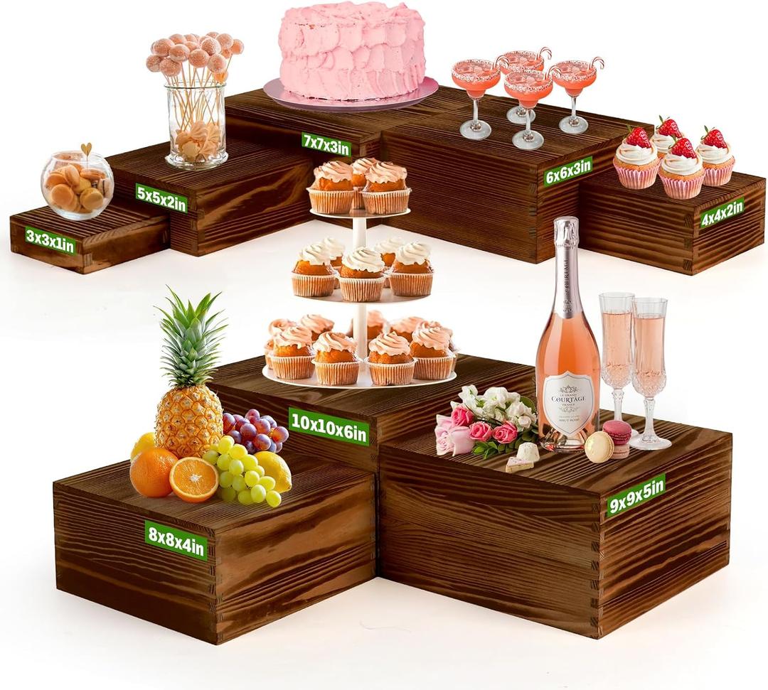 8-Pack Pine Wood Buffet Risers, Multi-Size Nesting Cube Food Display Stands for Buffet Table & Catering, Hollow Bottoms Food Risers for Multi-Level Buffet Presentation-Brown