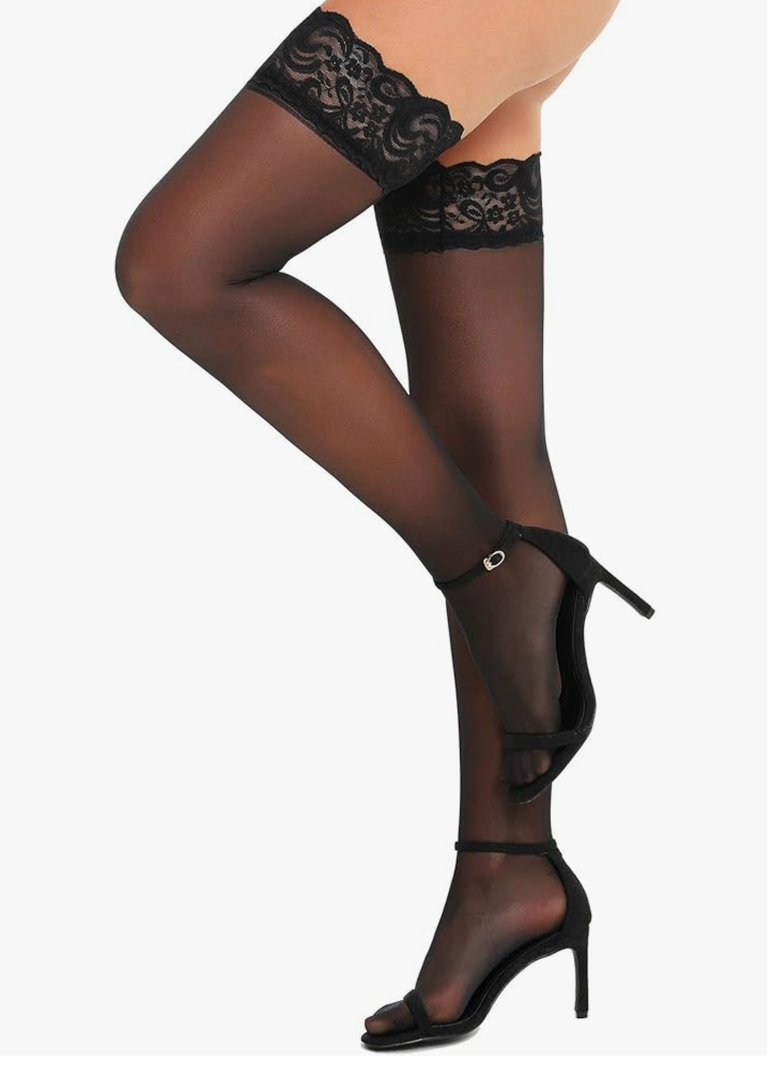 RSLOVE Women's Lace Top Thigh High Sheer Stockings Antiskid Silicone Ultra Shimmery Pantyhose