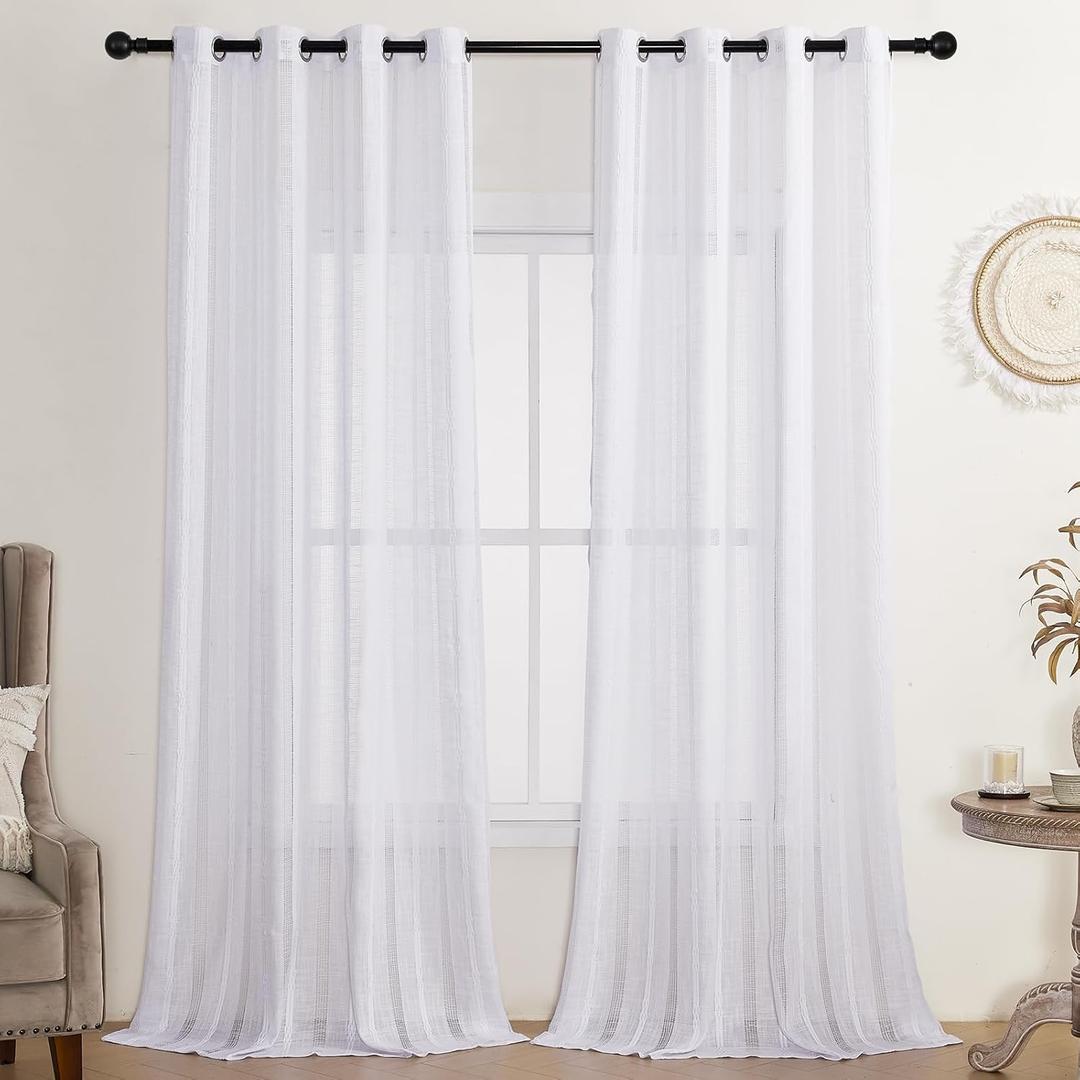 Estelar Textiler White Linen Boho Farmhouse Curtains for Bedroom, Textured Embroidered Curtains 90 Inches Long, Soft Light Filtering Semi Sheer Grommet Top Drapes for Living Room, 52Wx90L, 2 Panels