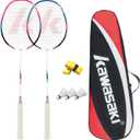Kawasaki Badminton Rackets, Professional Graphite Shaft Badminton Set of 2 for Backyard, with 2 Lightweight Carbon Badminton Racquets/3 Badminton Shuttlecocks/2 Racquet Overgrips/1 Carry Bag (White)