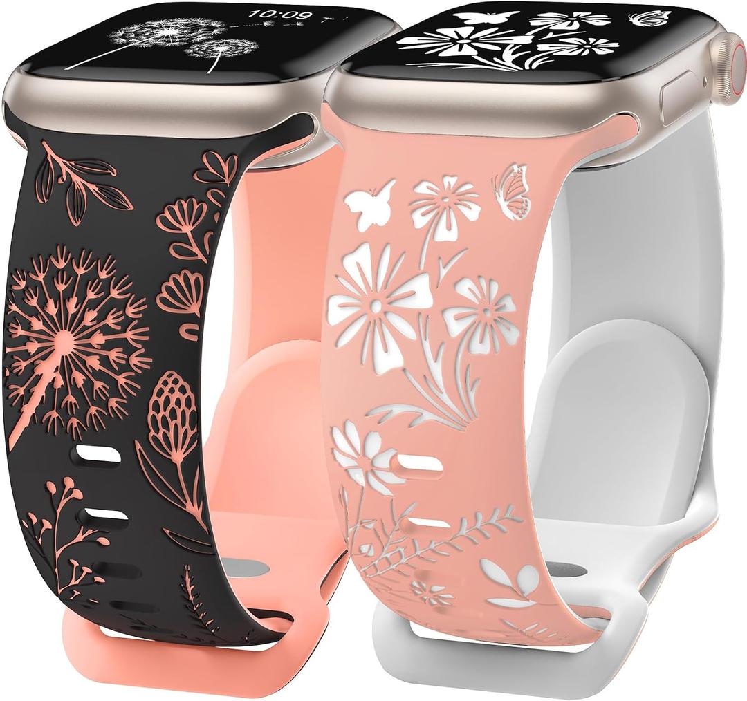 Wearlizer 2 Packs Floral Engraved Compatible with Apple Watch Bands 38/40/41/42/44/45/46/49mm Women, Cute Two-Tone Soft Silicone Strap for iWatch Series 11 10 9 8 7 6 5 4 3 SE/Ultra 3 2 1