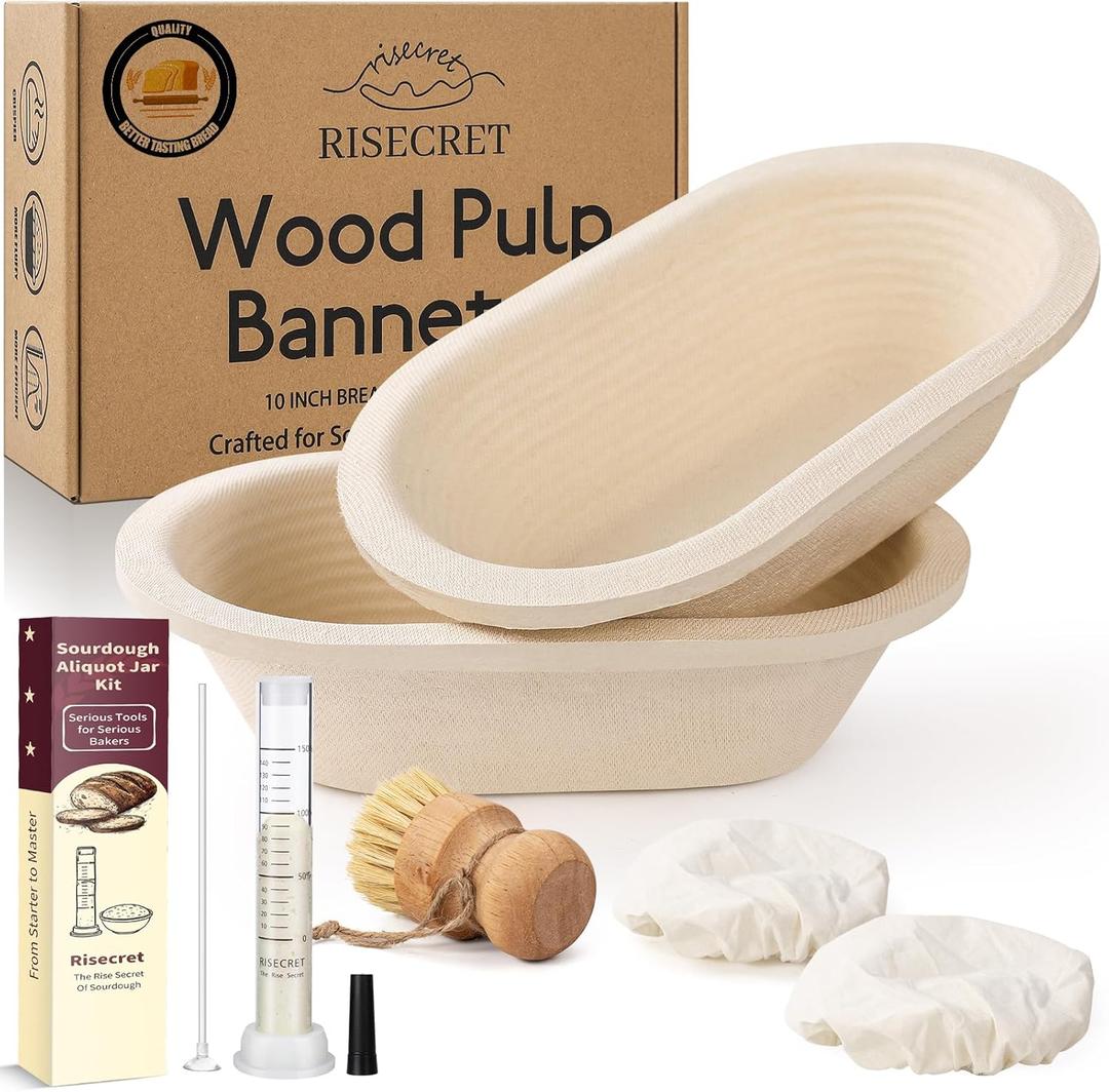 Non-Stick 10" Oval Wood Pulp Banneton Bread Proofing Basket Set Of 2 With Aliquot Jar, Sourdough Banneton Basket Set, Bread Making Tool Brotform Sourdough Bread Baking Supplies