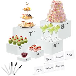 6 Pcs White Acrylic Buffet Risers with Mini Sign and Maker, Food Display Stands for Buffet Table Party Catering Dessert Jewelry Collectibles,Nesting Cube Boxes with Hollow Bottoms