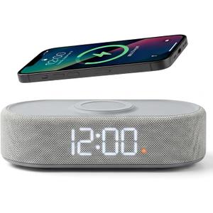 Fabric Digital Alarm Clock for Bedroom with Wireless Charging, USB-C Port, Dual Alarm, 30-Min Snooze, Dimmable Display, Ambient Light, Battery Backup, Modern Bedside Clock (Gary)