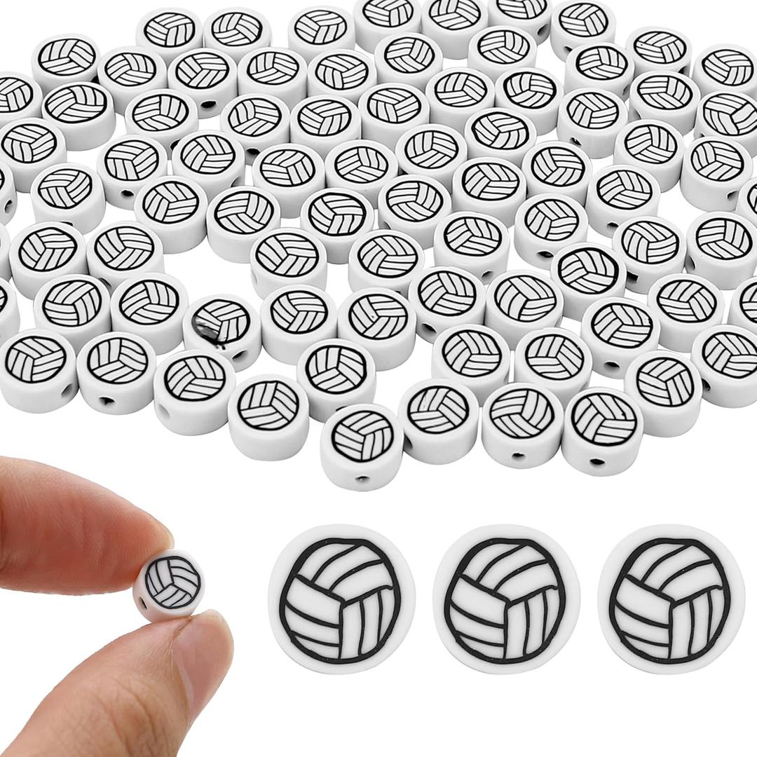 100 Pieces Volleyball Beads 9mm/0.35'' Sport Ball Soft Spacer Charms Handmade Polymer Clay for DIY Necklace, Bracelet, Jewelry, Earring, Hair Clip Crafts Making Supplies Decoration Accessories