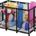 Extra Large Pool Storage Bin, Metal Rolling Float Swimming Equipment Holder Organizer Cart with Mesh, Black XL
