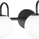 Mid Century Modern Vanity Lights for Bathroom, Black Metal Frame and Milk White Frosted Glass Globe, 2 Lights, Wall Sconce, 7.09"L x 7.09"W x 14.17"H