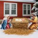 Chunful 10 Pcs Large Nativity Scene Set 19 Inch Wooden Manger Baby Jesus Holy Family with Light Nacimiento De Jesus Decor Traditional Religious Christmas Indoor Outdoor Decoration