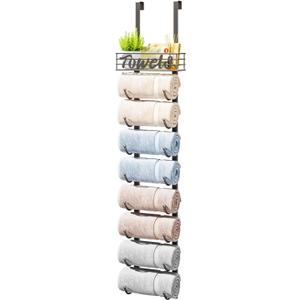HapiRm Towel Racks for Bathroom Storage - 9 Tier Over The Door & Wall Mount Rolled Towel Storage Organizer Holder with Metal Shelf Basket for Small Bathroom, Camper, Rv - Brushed Nickel, Patented