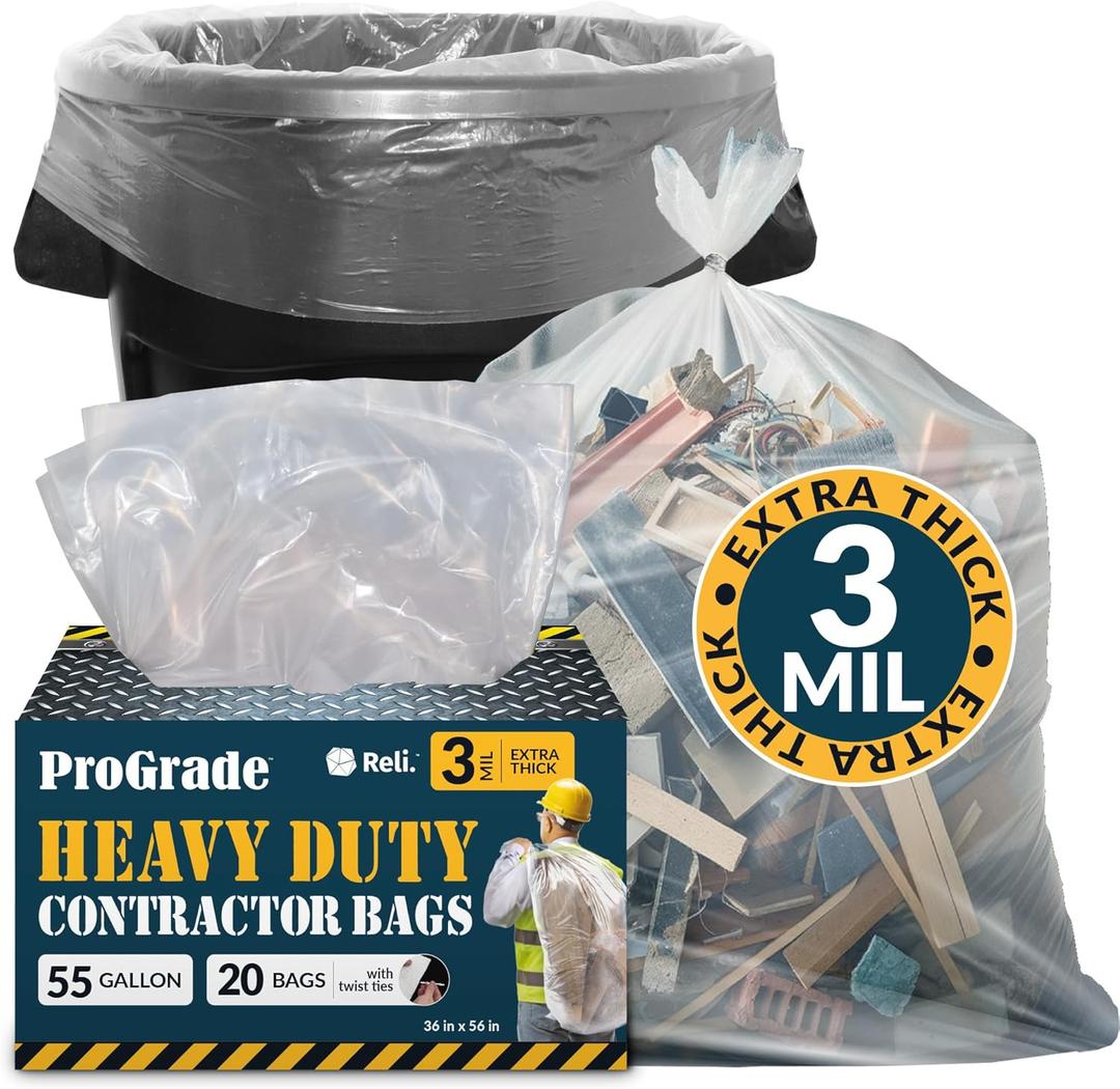 Reli. Contractor Garbage Bags 55 Gallon | 20 Trash Bags | Heavy Duty | Clear Contractor Reli. Contractor Garbage Bags 55 Gallon | 20 Trash Bags | Heavy Duty | Clear Contractor