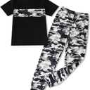 Boys 2 Piece Outfits Color Block Clothes Short Sleeve T Shirt and Camouflage Pants Summer Clothing Sets(9-10Y) (Brown)