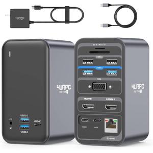 4URPC USB C Docking Station Dual Monitor, Dual HDMI USB C Dock, Laptop Docking Station with 2 HDMI Ports, VGA, 7 USB, 65W Power Adapter, Ethernet, SD/TF, Audio/Mic for Windows, and ChromeOS