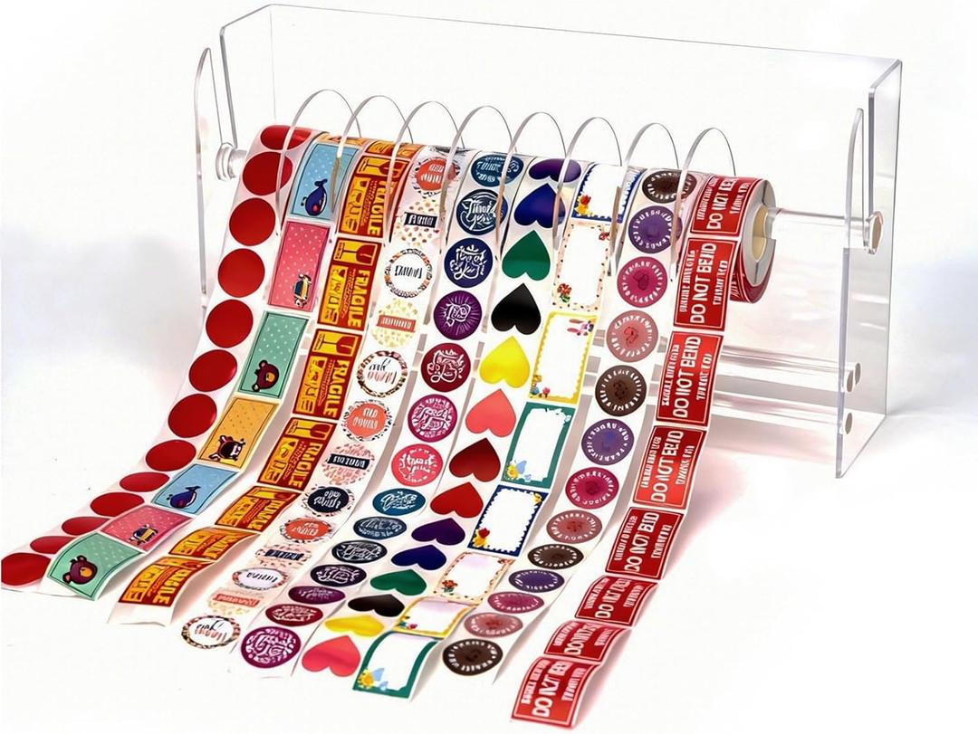 Adjustable Sticker Holder, Acrylic Label Holder, 9 Disk Sticker Dispenser and Organizer for Efficient Office and Home Desktop Organization