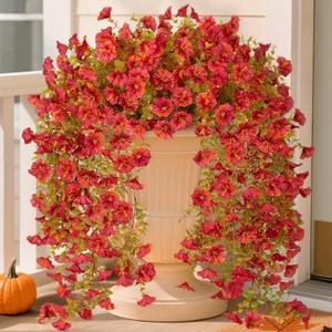 Set of 2 Pack, Fake Fall Hanging Flowers Artificial for Outdoor Decoration, 2 PCS Autumn Silk Faux Flowers Morning Glory with Eucalyptus Leaves, Realistic Hanging Plants for Wedding Home Office Garden Decor, Red