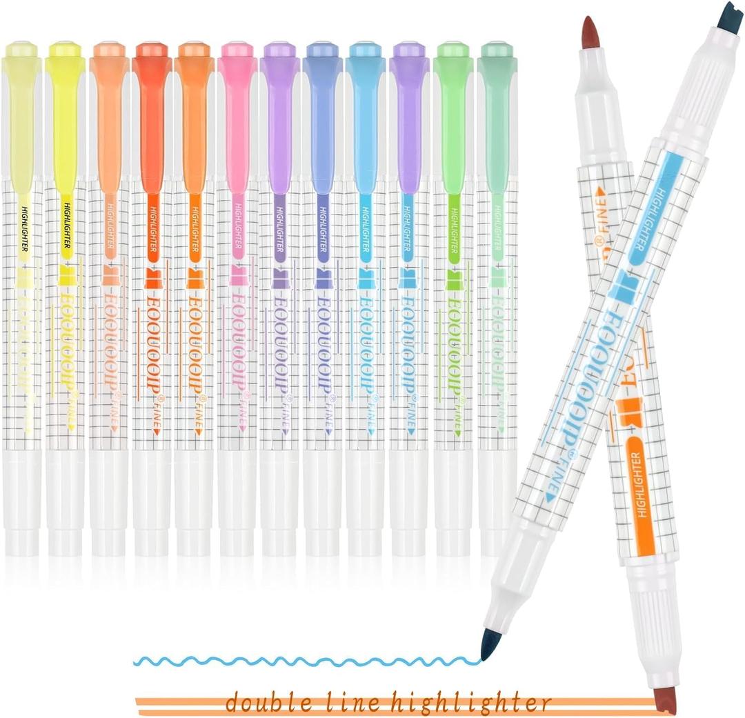 2 x EooUooIP Dual-Tip Highlighter Set, 12 Pack, Pastel Highlighter Assorted Colors, Chisel and Fine Tips Bible Highlighters, No Bleed Highlighters Markers for Bible Journals Planners Books Notes (Double Line-Style)