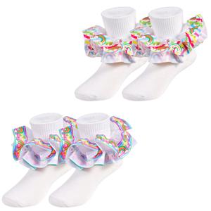 LSULIBYB Girls Leopard Ruffle Cotton Ankle Socks, Adjustable Cuff Design Big Double Lace Frilly Dress Sock for Toddlers 1-10T (US, Age, 6 Years, 8 Years, Rainbow 2 Pairs)