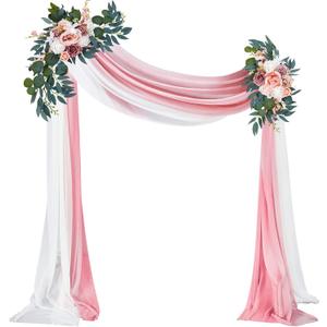 Thiccywoov 4 Pcs Wedding Arch Flowers and Drape Kit Include 2 Artificial Floral Swag and 2 Chiffon Drapes, Faux Flower Set for DIY Wedding Party Reception Ceremony Backdrop Rose Decoration (Pink)