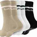 Pilates Socks for Women with Non Slip, Striped Crew Grip Socks for Pilates, Barre, Dance & Home Workout, Anti-Skid Socks with Grip 3 Pairs - Beige/White/Black