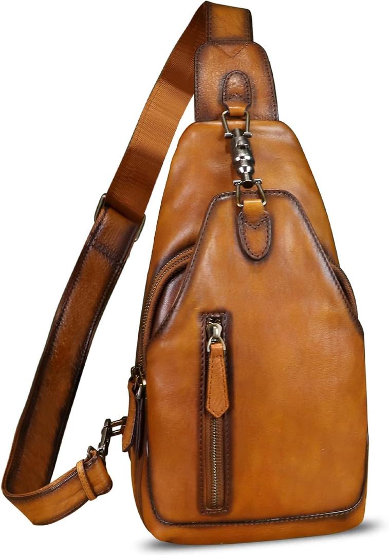 LRTO Genuine Leather Sling Bag for Men and Women Real Leather Shoulder Crossbody Bag Chest Bag Sling Backpack Purse (Brown)