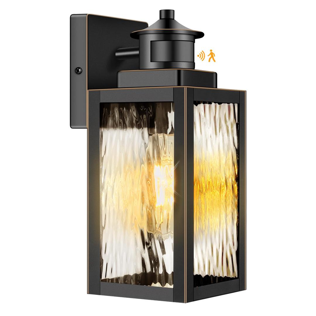 Large Motion Sensor Outdoor Wall Light, Waterproof Exterior Wall Sconce Light Fixture with Water-Rippled Glass, Bronze Modern Outside Wall Lantern for House, Porch, Patio, Garage, Bulbs Not Included