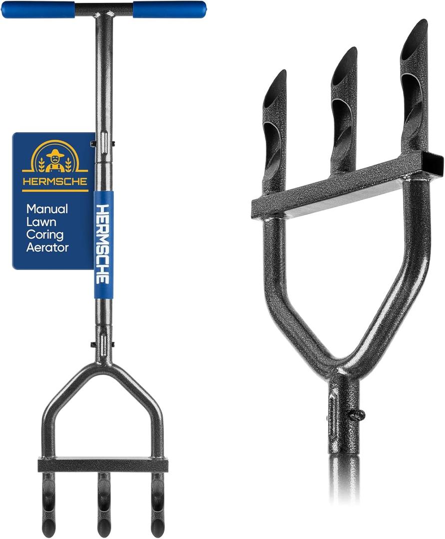 Lawn Aerator Coring Tool, Manual Plug Core Aerators with 3 Half-Open Hollow Slot Tines, Heavy Duty Grass Aeration Tool for Soils Yard Garden