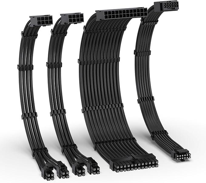 EZDIYFAB 12VHPWR PSU Cable Extension Kit for RTX 50/40 Series,16AWG PCIE 5.0 Power Supply Cable Extension 1x 24 Pin ATX /2X 8Pin (4+4) EPS / 1x12+4 Pin GPU,Sleeve Cable 300MM with CombsBlack