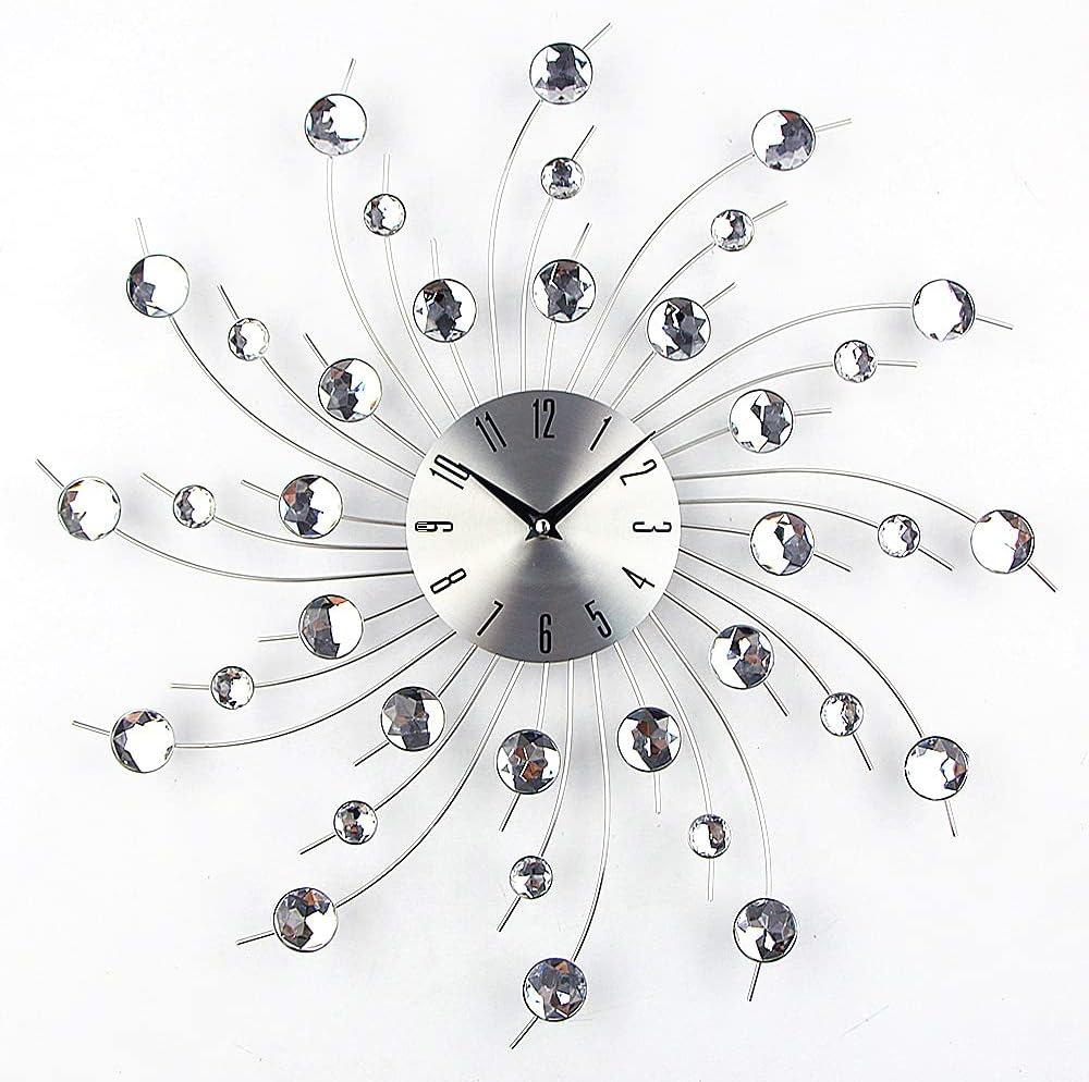 Modern 3D Crystal Wall Clock - Celebration Decorative Metal Wall Clock, Silver Mirror Sparkling Bling Diamond-Studded Wall Decor Clock Ideal for Living Room, Bedroom, Office (Rotating Radiation - 33CM)