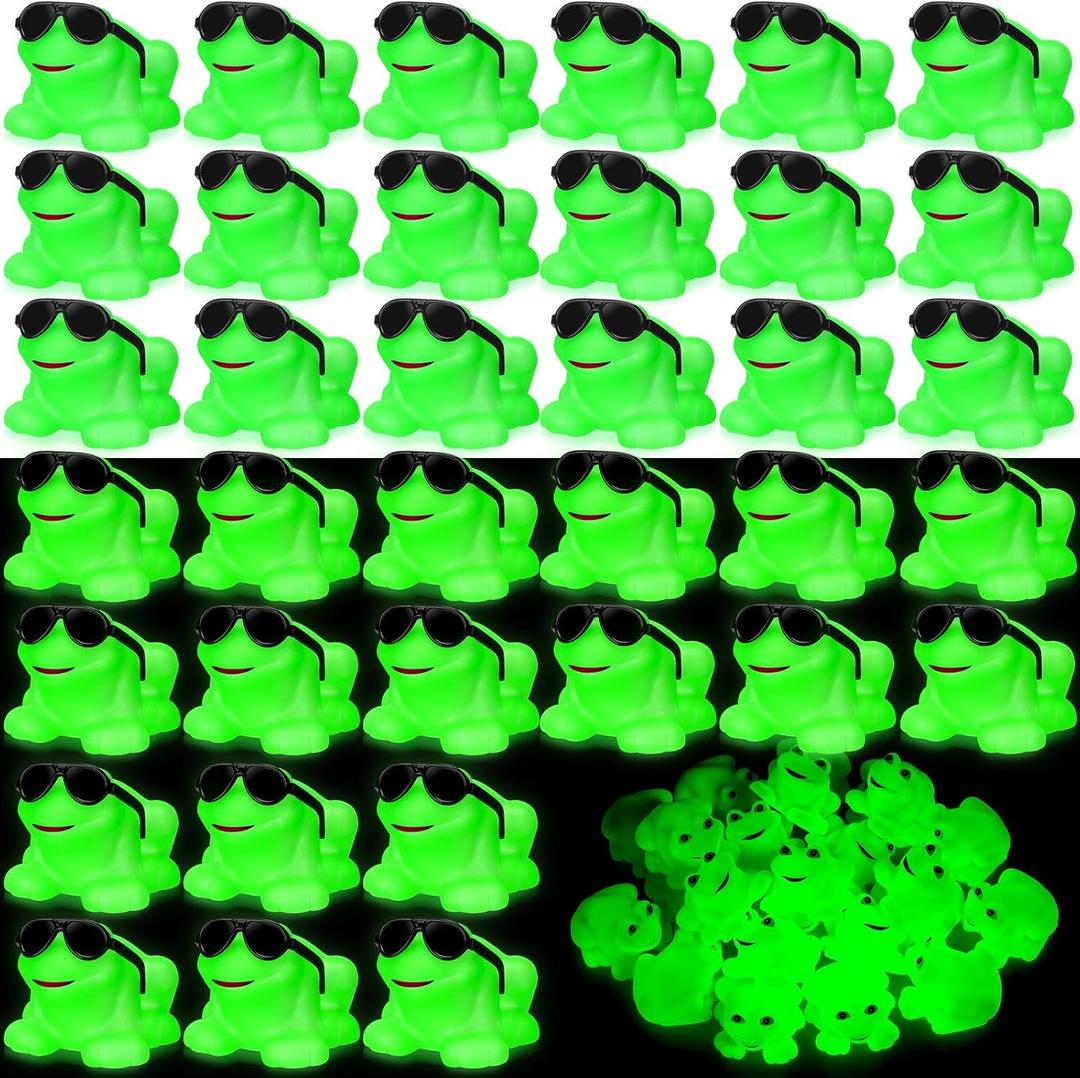 Halloscume 36 Pack Rubber Frogs Squeak and Floating Mini Glow in The Dark Frogs with Glasses Cute Swimming Bathtub Toy for Spring Party Favor