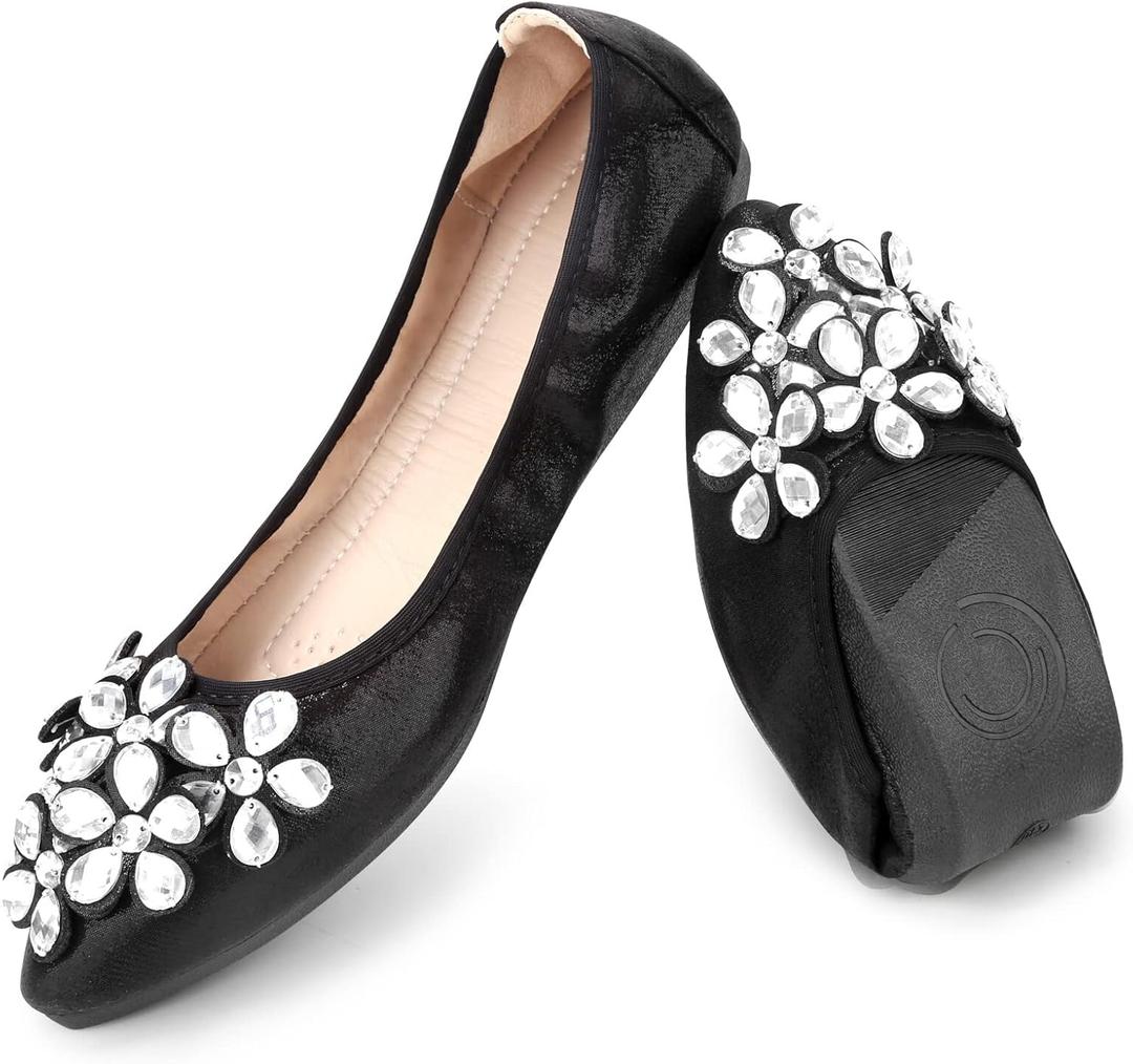Women's Ballet Flats Rhinestone Soft Wedding Ballerina Shoes Foldable Sparkly Dress Comfort Slip on Flat Shoes (6.5, Black)