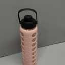 MUKOKO 32oz Glass Water Bottles with 2 Lids-Handle Spout Lid&Bamboo Straw Lid, Motivational Water Tumbler with Time Marker Reminder and Silicone Sleeve, Leakproof-Pink-1 Pack