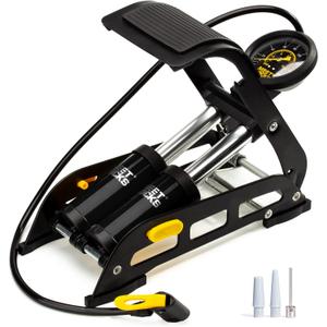 MEETLOCKS Double Cylinder Barrel Bike Foot Pump,160PSI Aluminum Body Floor Air Pump with Precisional Accurate Pressure Gauge Smart Valve Head for Presta Schrader & Deutschland Valve Bicycle Tire Pumps (Black)