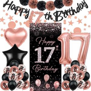 TSVATE Rose Gold 17th Birthday Decorations - Happy Birthday Banner, Backdrop, Balloons, Pompoms & Star Streamers